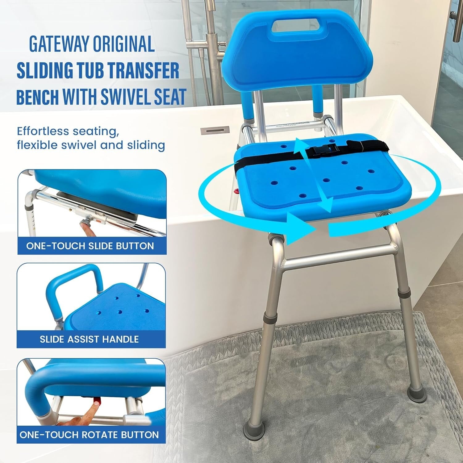 Premium Padded Blue Sliding Bath Transfer Bench with Swivel Seat & Safety Handle