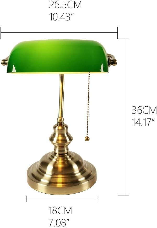 Classic Banker Desk Lamp - Adjustable Green Glass Shade with Pull Chain Switch