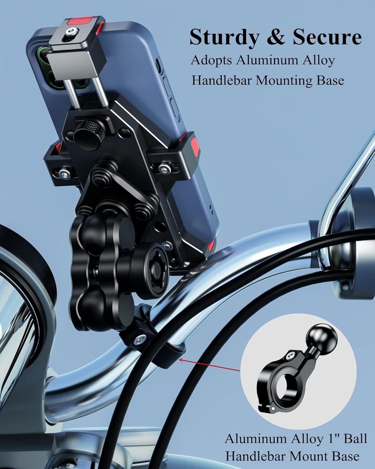 Aluminum Alloy Motorcycle Phone Mount with Vibration Dampener & Secure Lock
