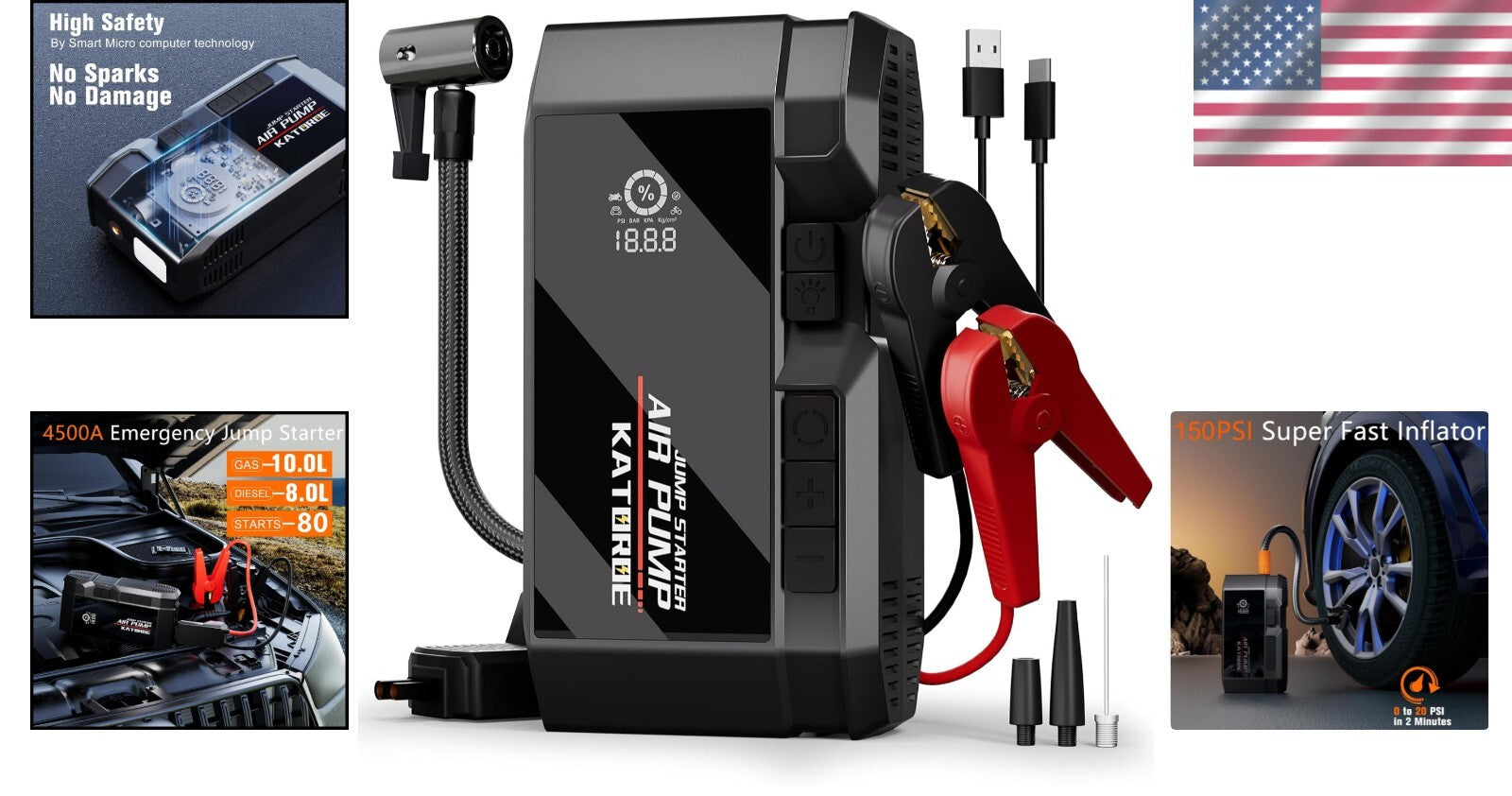 Multi-Function 4500A Portable Jump Starter and Tire Inflator for All Vehicles