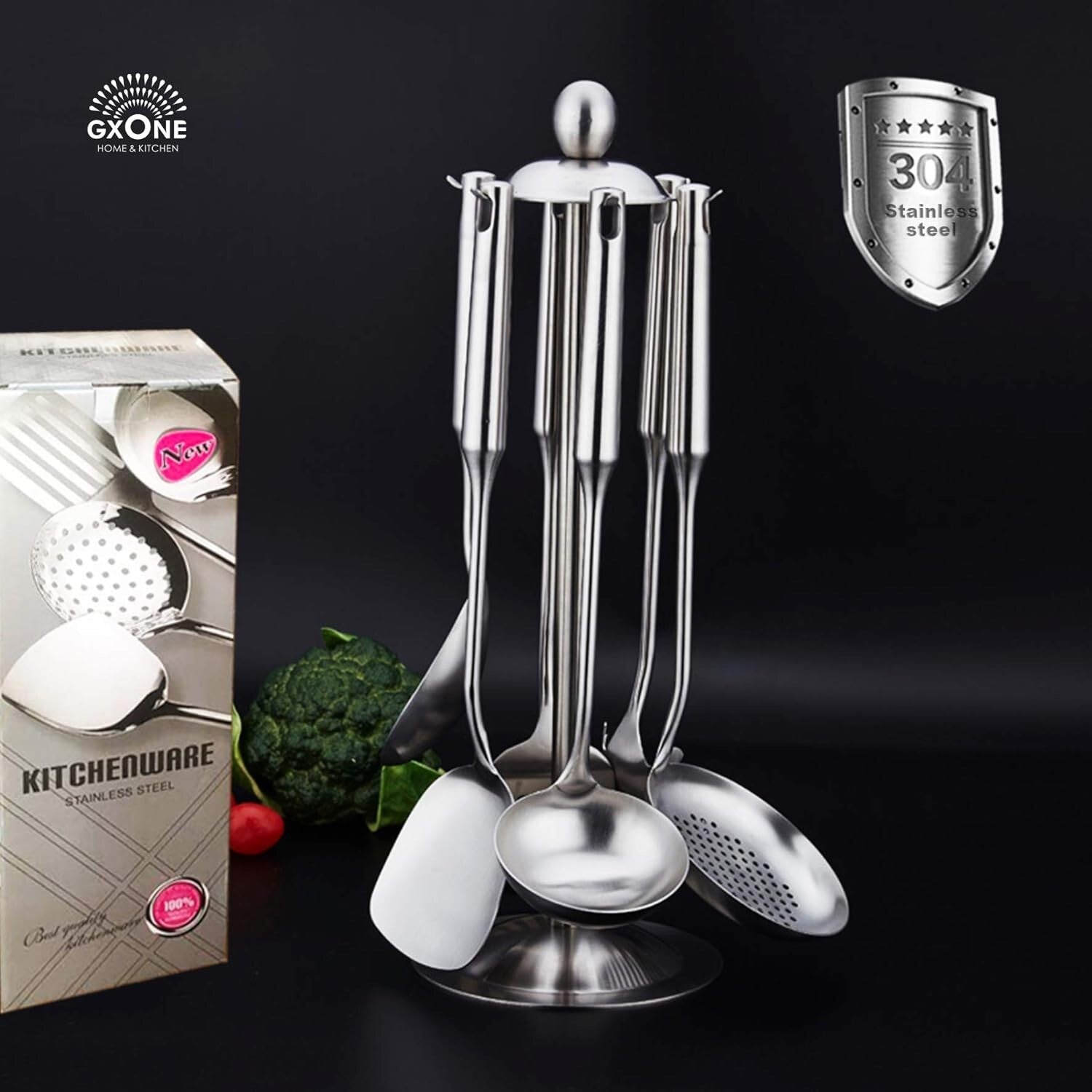 Dishwasher Safe 6-Piece Cooking Utensils with Rotating Holder for Clean Counters