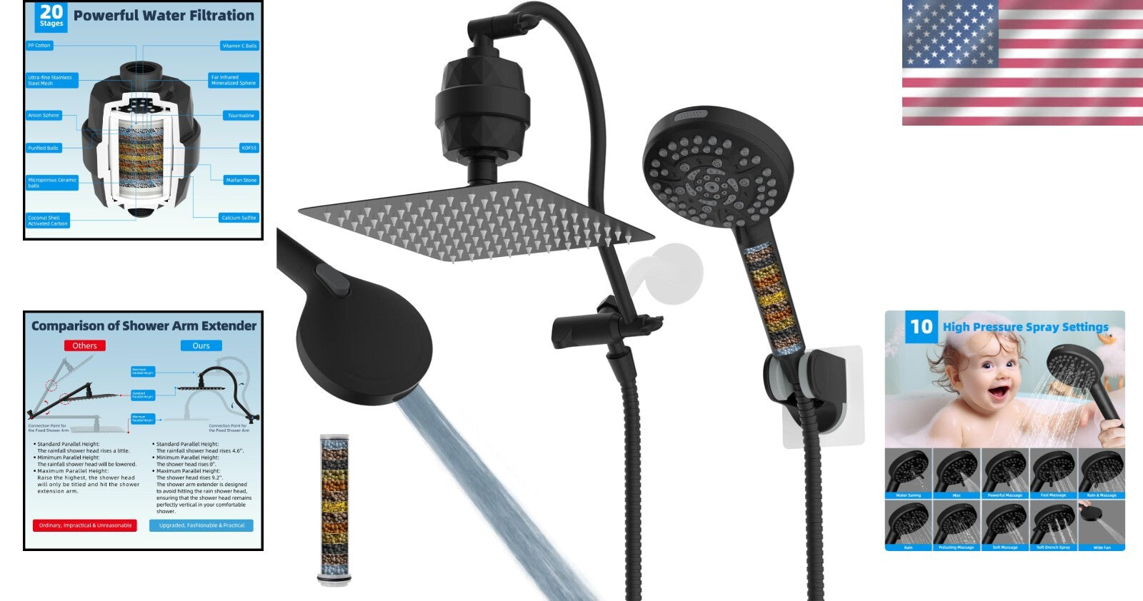 High Pressure 10-Spray Matte Black Shower Head with Adjustable Extension Arm