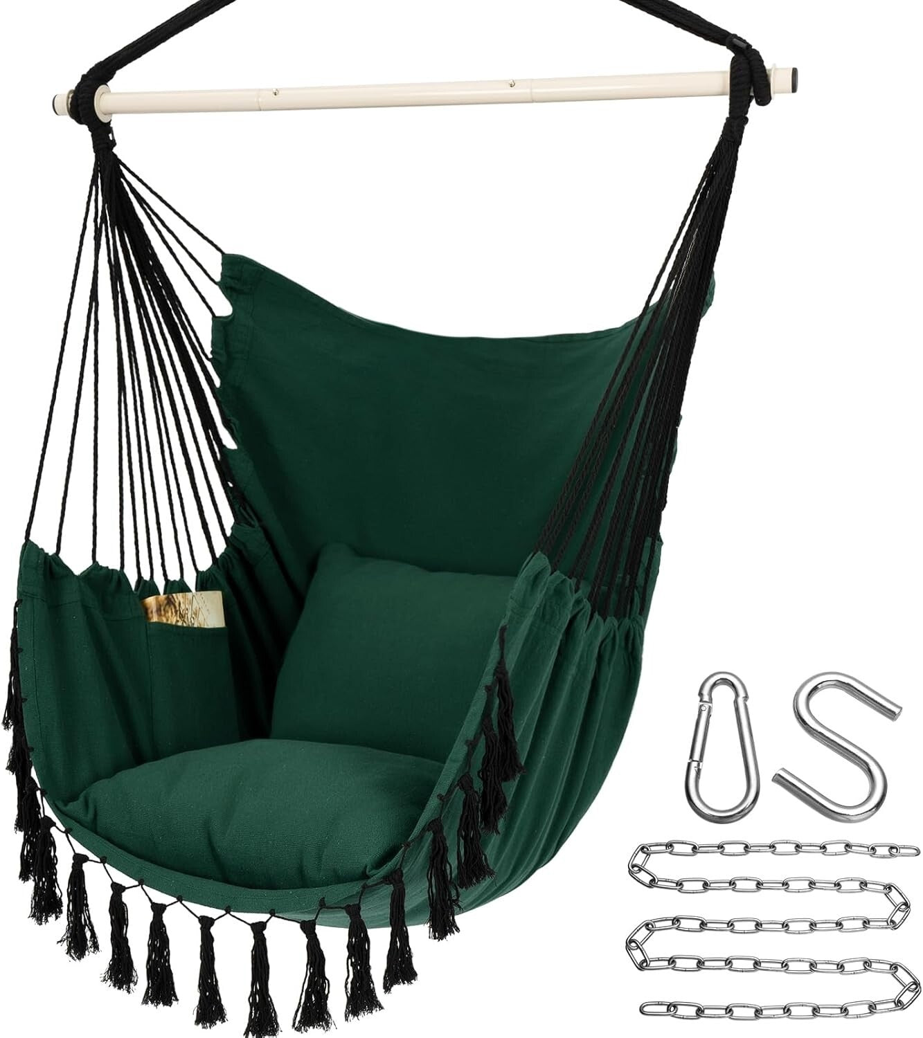 Comfortable Macrame Hanging Chair with Cushions & Side Pocket - Up to 500 lbs