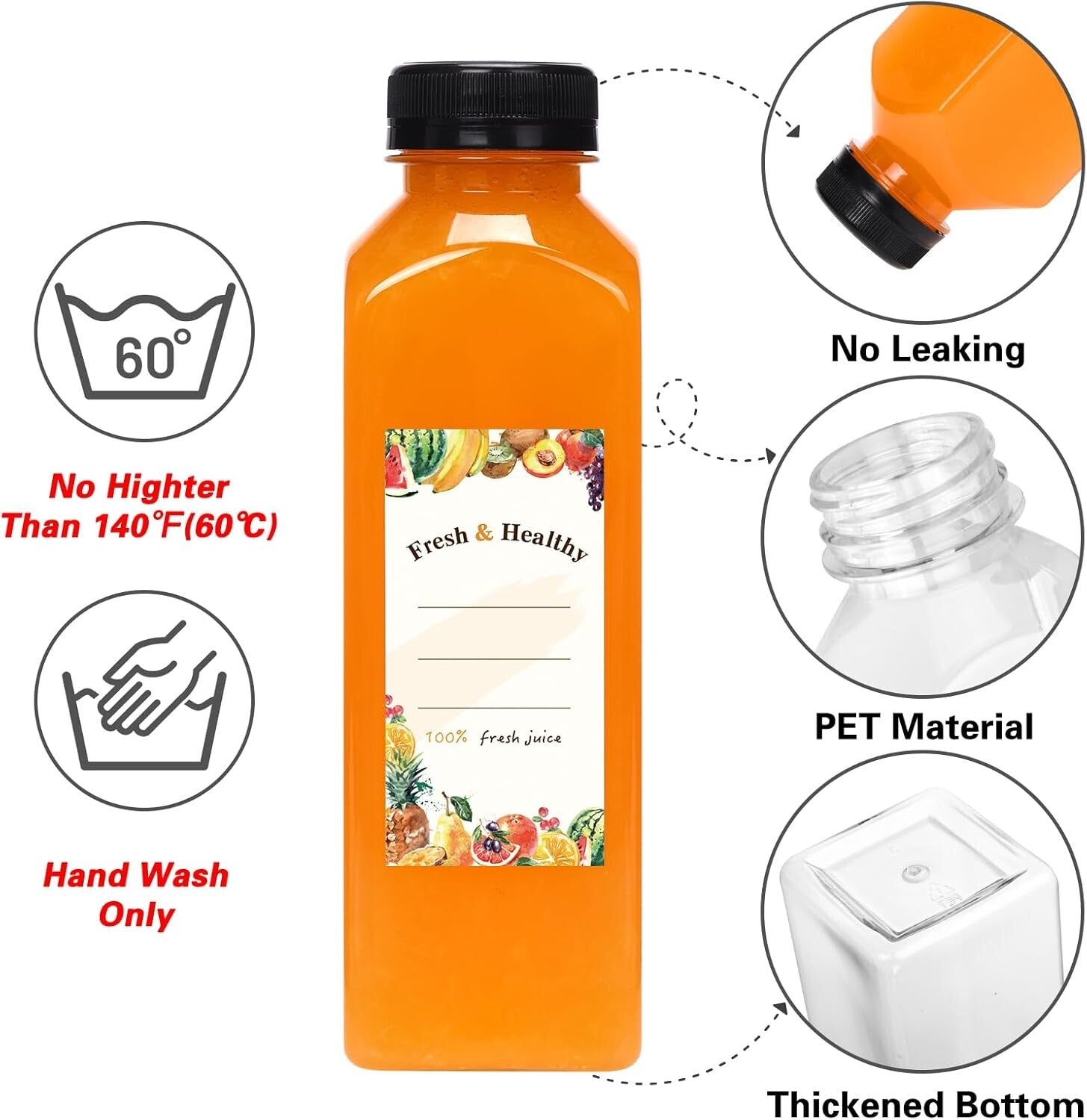 Clear 16oz Juice Bottles with Caps - Ideal for Smoothies & Camping Drinks