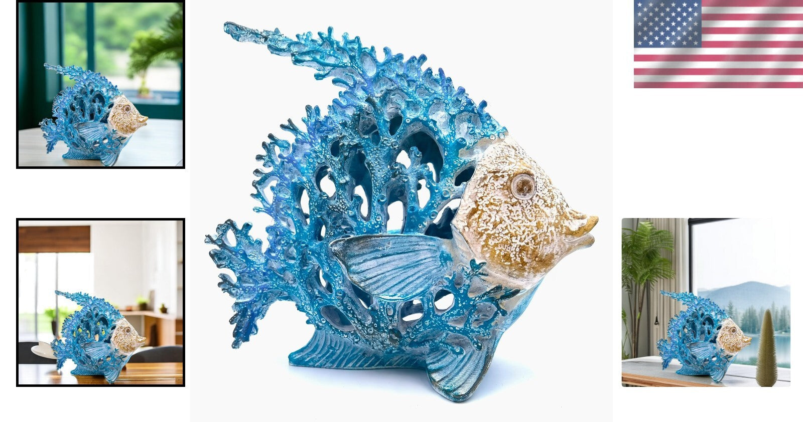 Coastal Coral Reef Angel Sculpture in Turquoise & Blue - Art Deco Tabletop Decor