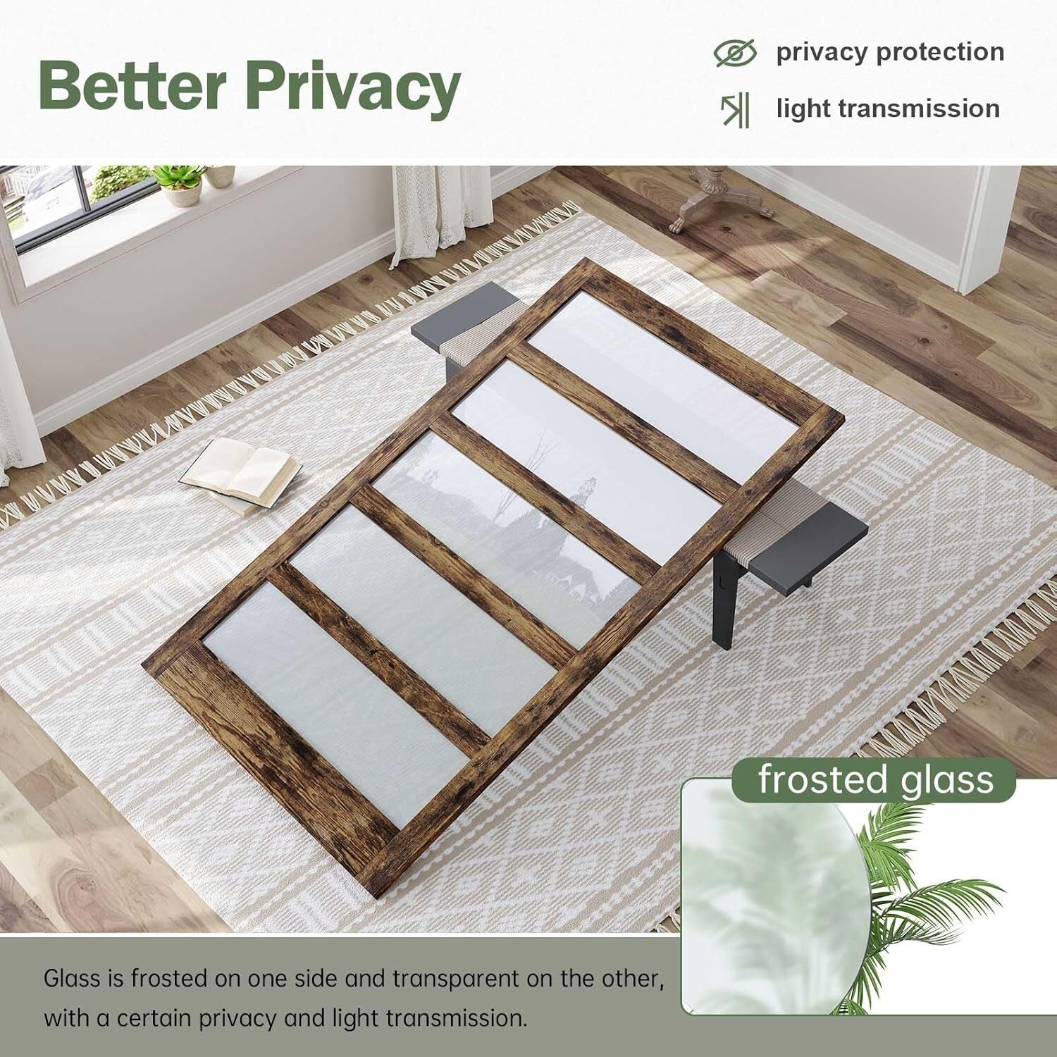 Chic Brown Wood Barn Door with Frosted Glass & 8ft Hardware - DIY Friendly