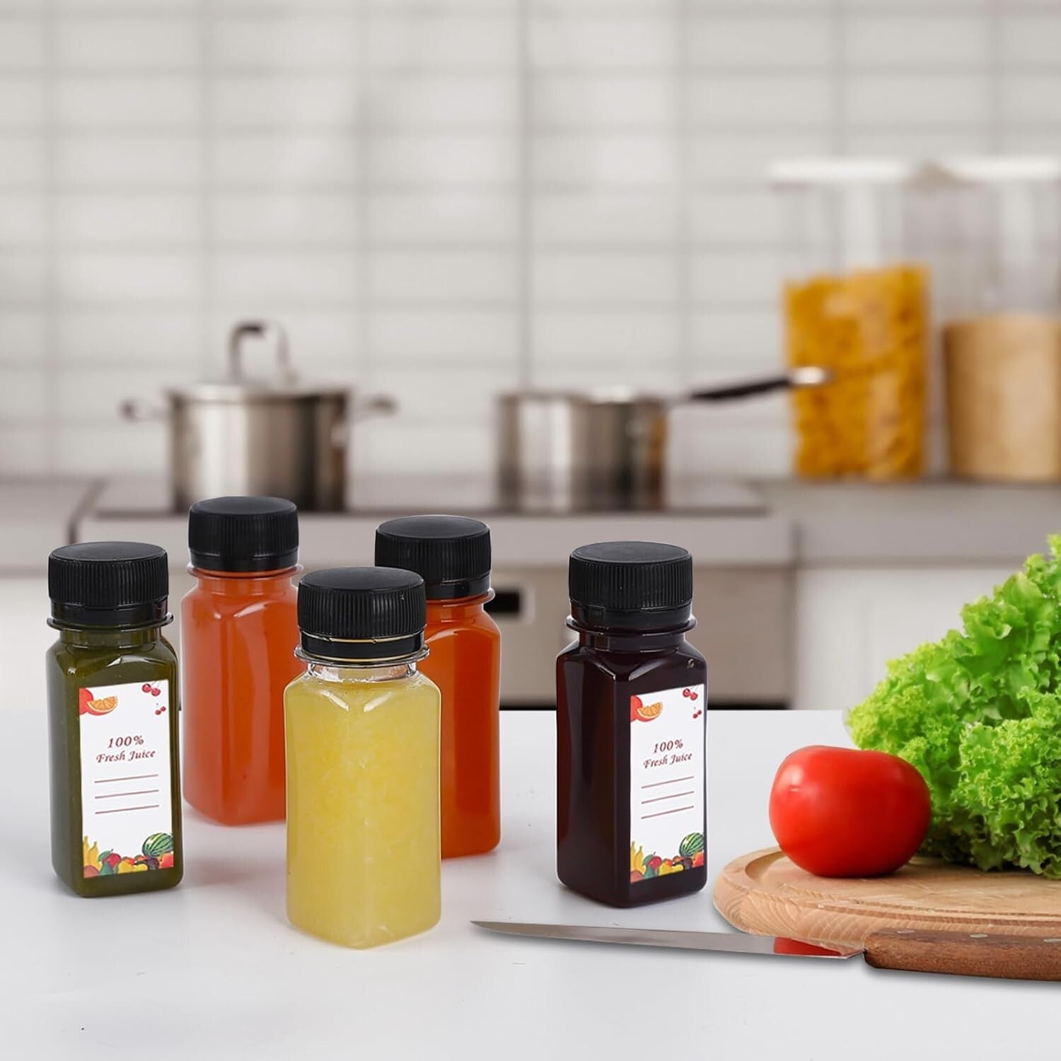 Clear 2 Oz Juice Bottles - 150 Pack with Caps, Funnels & Brushes for Smoothies