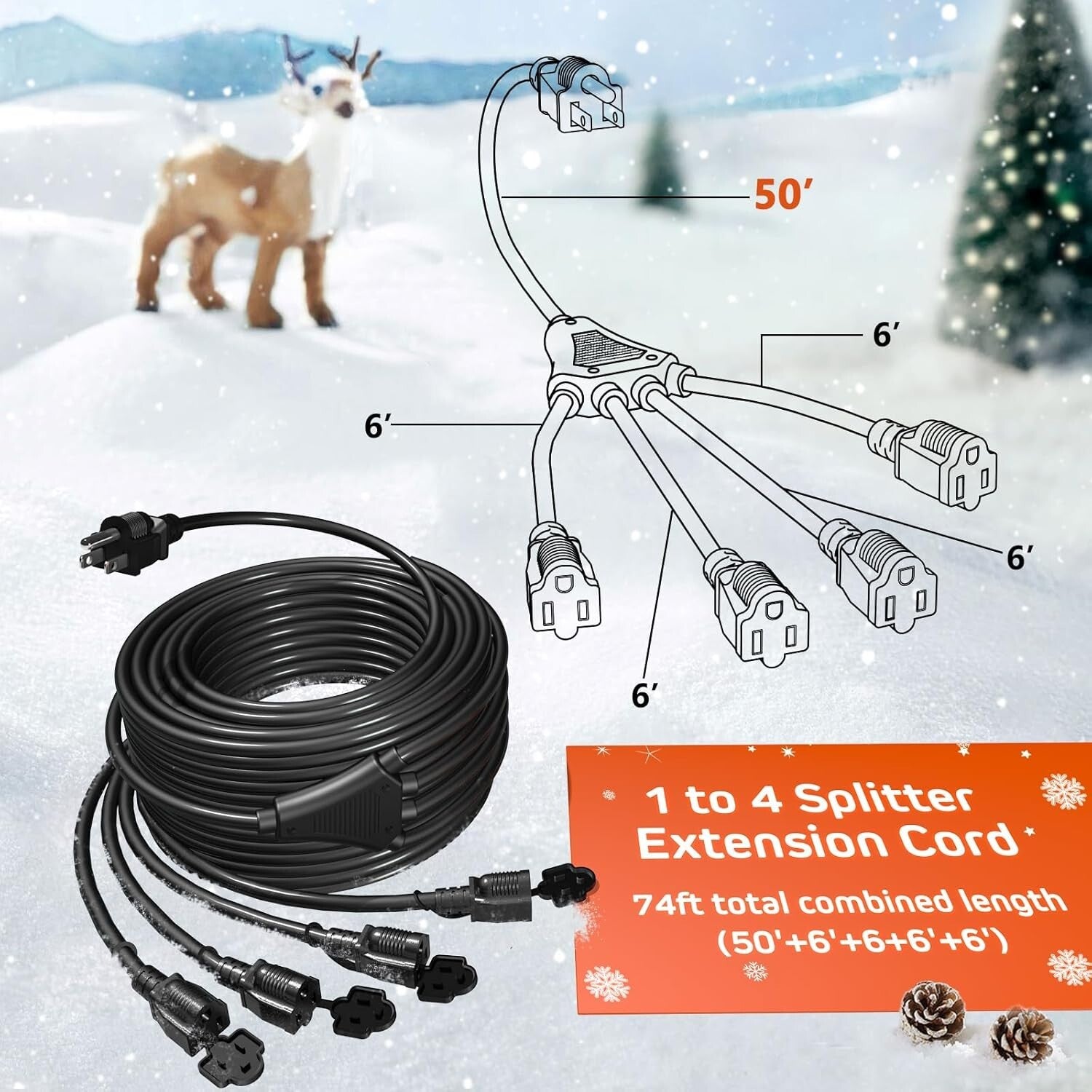 Heavy-Duty 16/3C 4-Outlet Splitter Extension Cord, 74 FT Ideal for Outdoor Decor