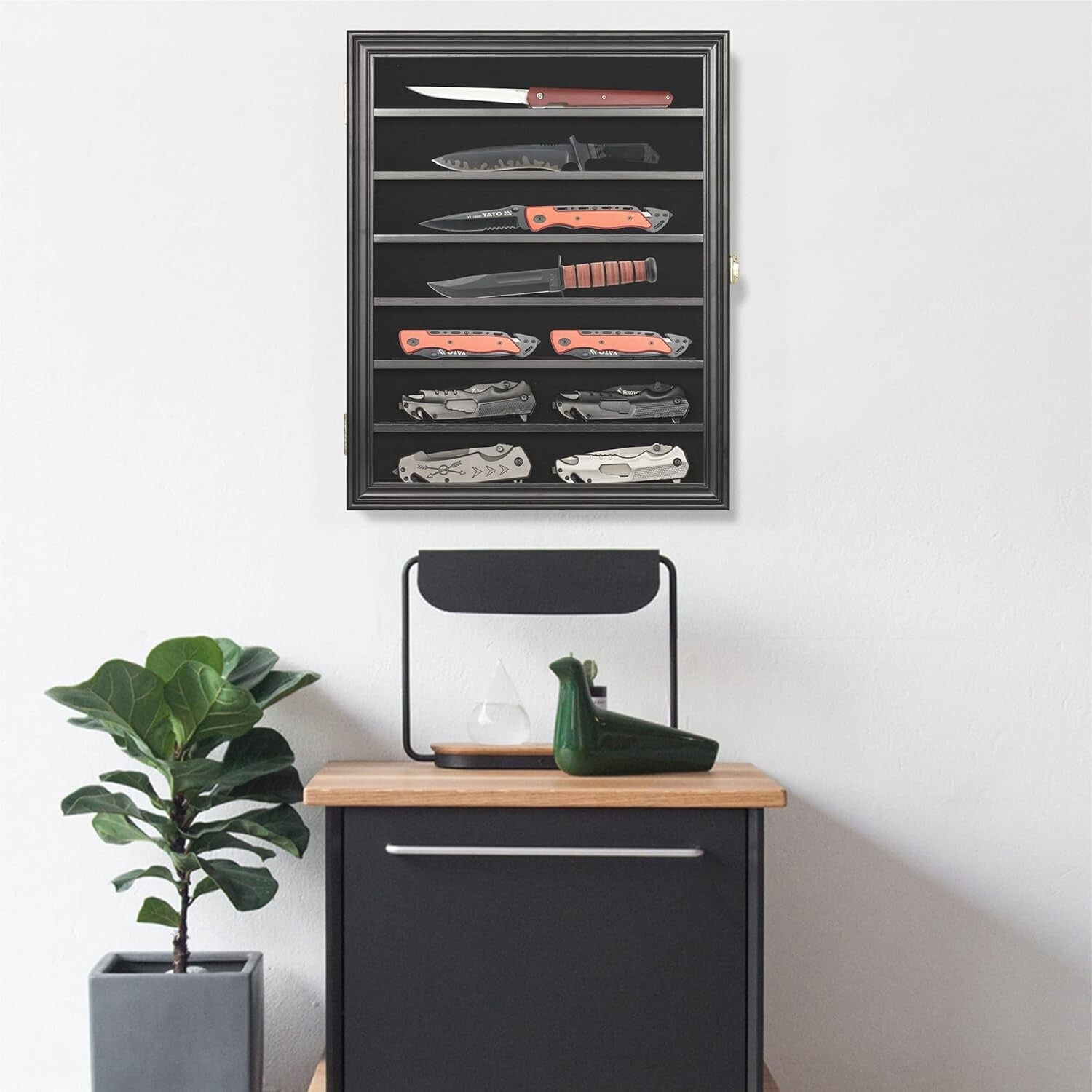 Elegant Black Knife Shadow Box - 7 Shelf Wall-Mount Display Case for Collectors