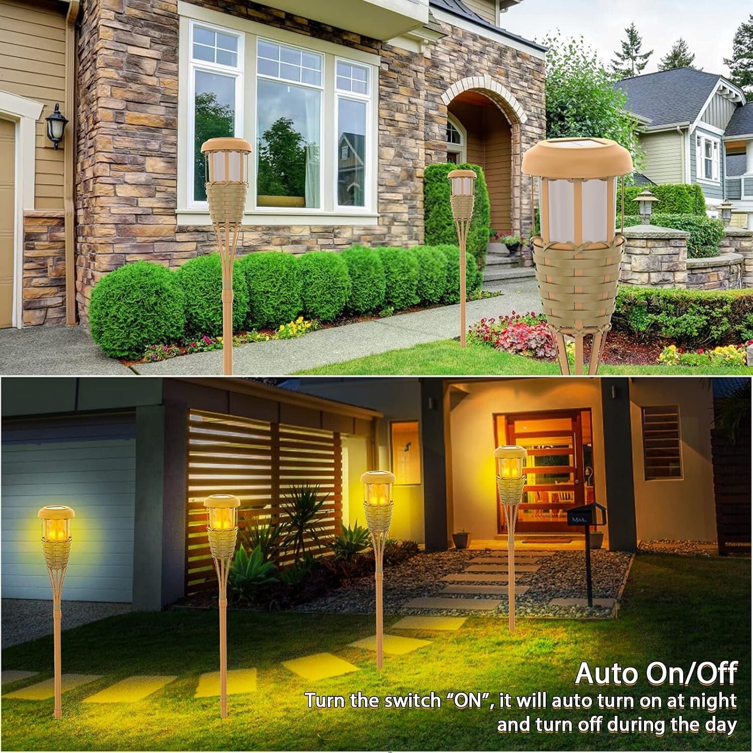 Classic Yellow Solar Torch Lights - 8 Pack with Adjustable Height & Flame Effect