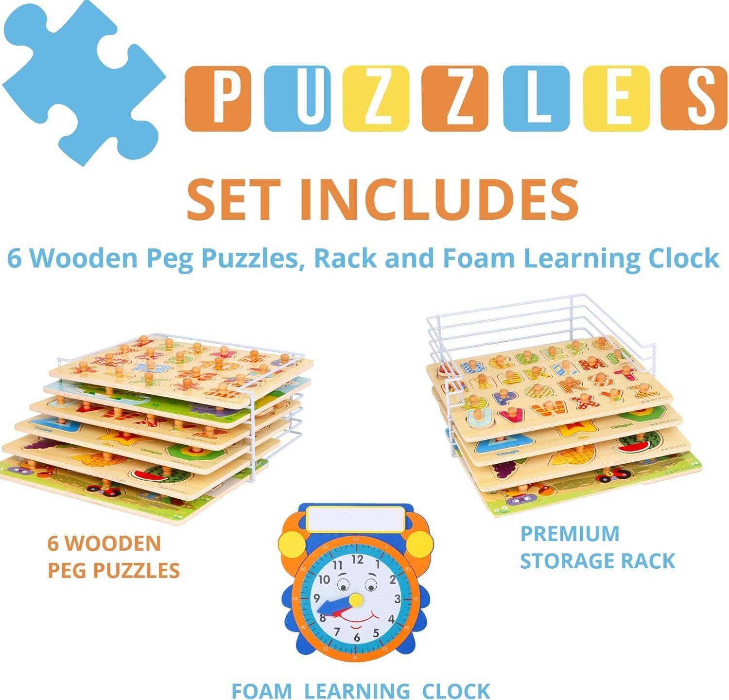 Fun Educational Wooden Puzzles for Toddlers - 7 Themes with Clock & Storage Rack