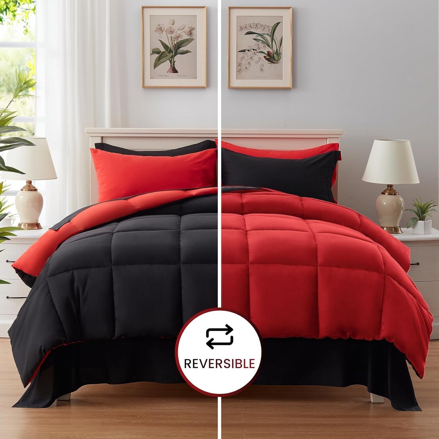 All Season King Size Bedding Set: 7-Piece Reversible Comforter in Black & Red