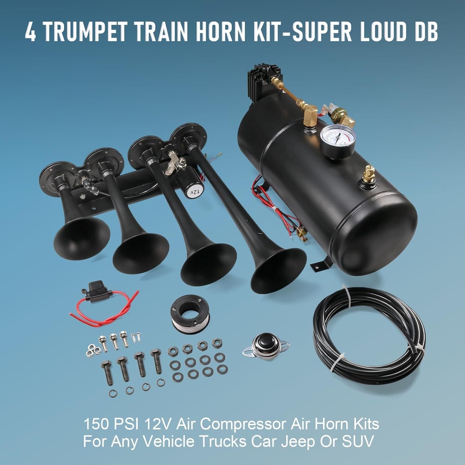 Heavy-Duty 4 Trumpet Air Horn System with Anti-Corrosion Finish - 150 PSI