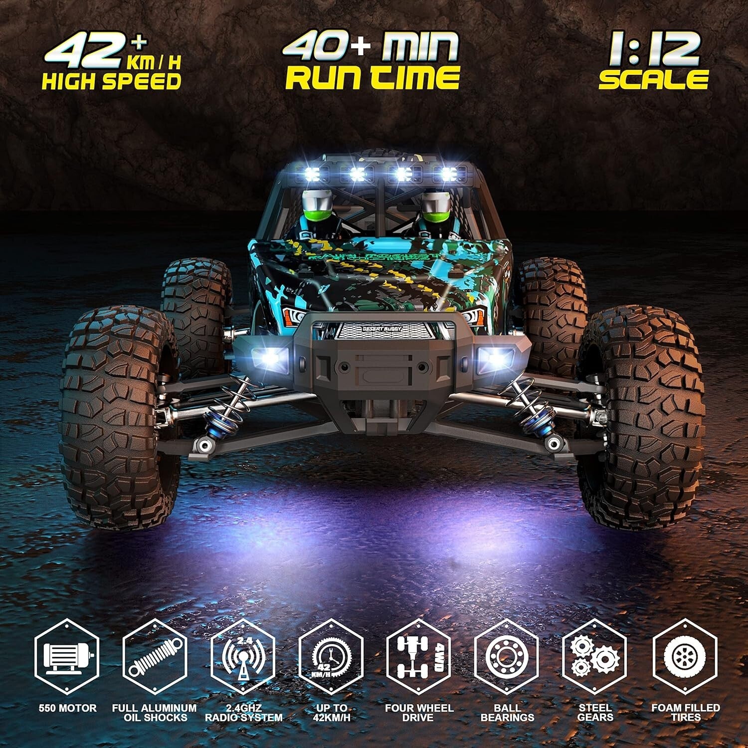 Splash-Proof 1:12 RC Truck - 42KM/H Speed with Dual Batteries for Long Play