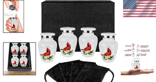 Set of 4 Mini Cremation Urns with Stunning Red Cardinal Design for Keepsakes