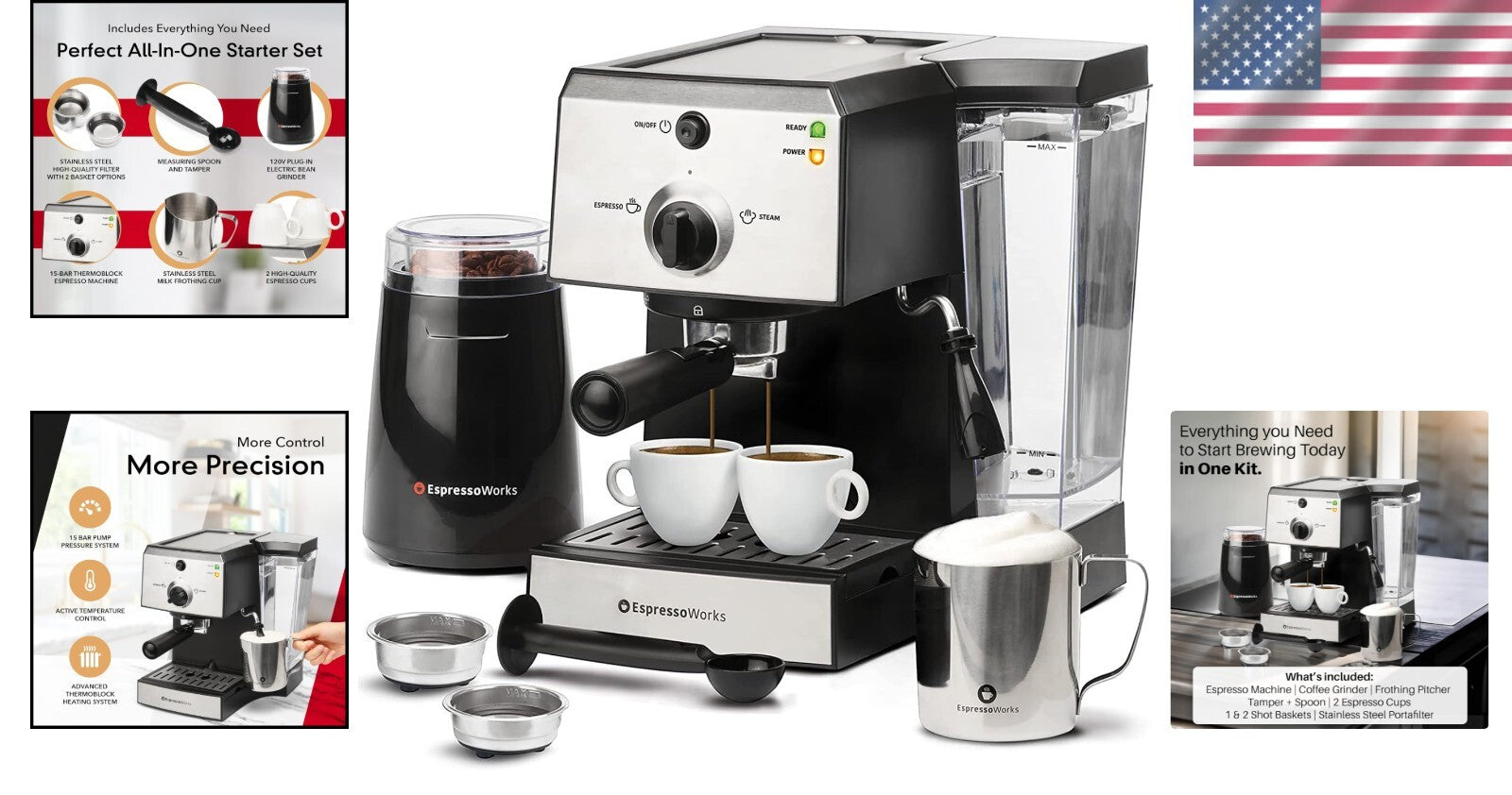 Professional Espresso Machine with Grinder & Milk Frothing Cup - 7-Piece Bundle