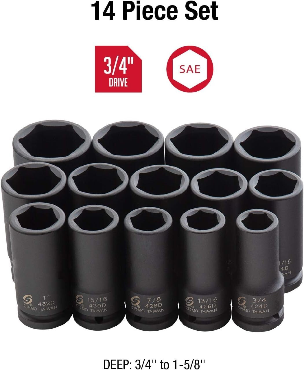 14-Piece SAE Deep Impact Sockets, 3/4 Inch Drive - Lifetime Warranty Included
