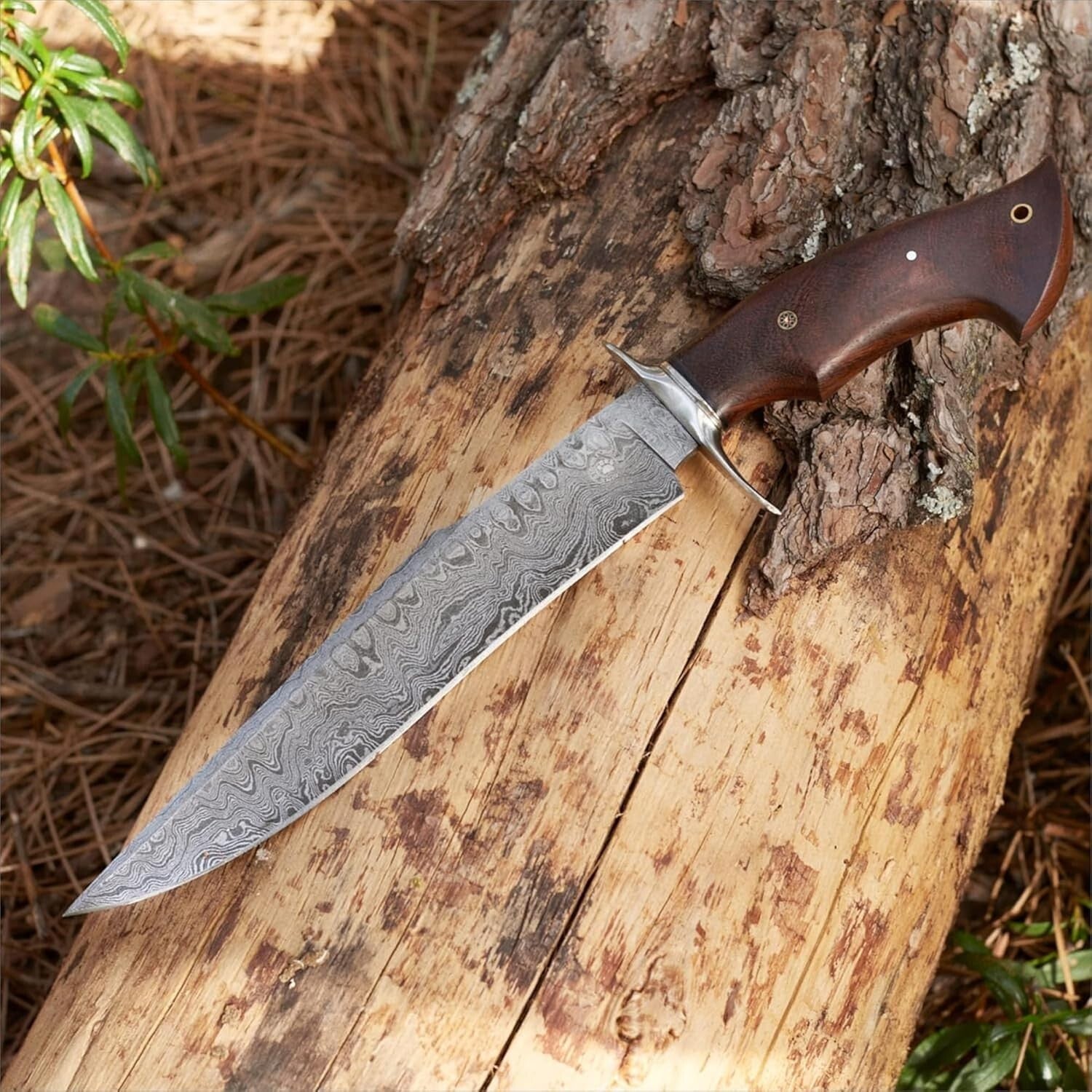 Durable Damascus Hunting Knife with Compound Bevel Blade & Leather Sheath