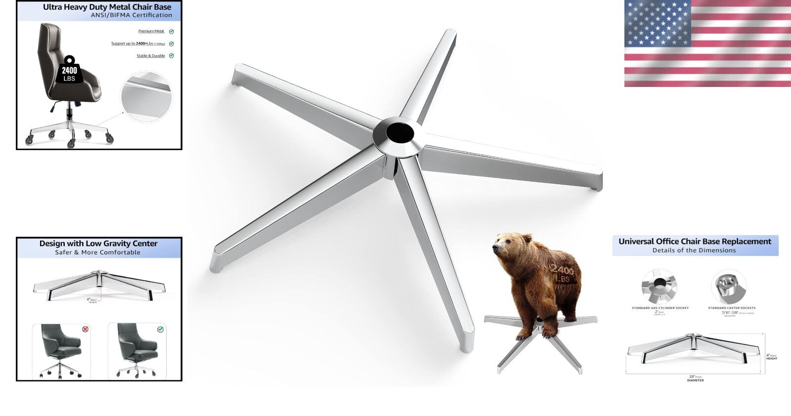 Heavy-Duty 28" Office Chair Base Replacement with Universal Gas Cylinder