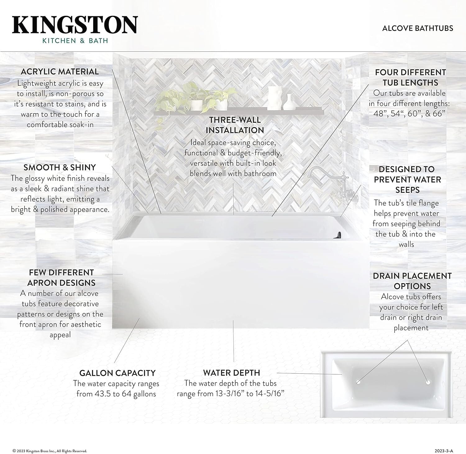 Durable 60-Inch Acrylic Bathtub for Alcove Installation - Right Drain - White