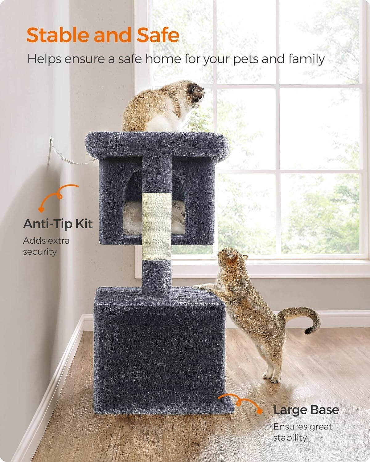 Smoky Gray 39.8" Cat Tower with Large Perch and Two Cat Caves - Stable & Durable