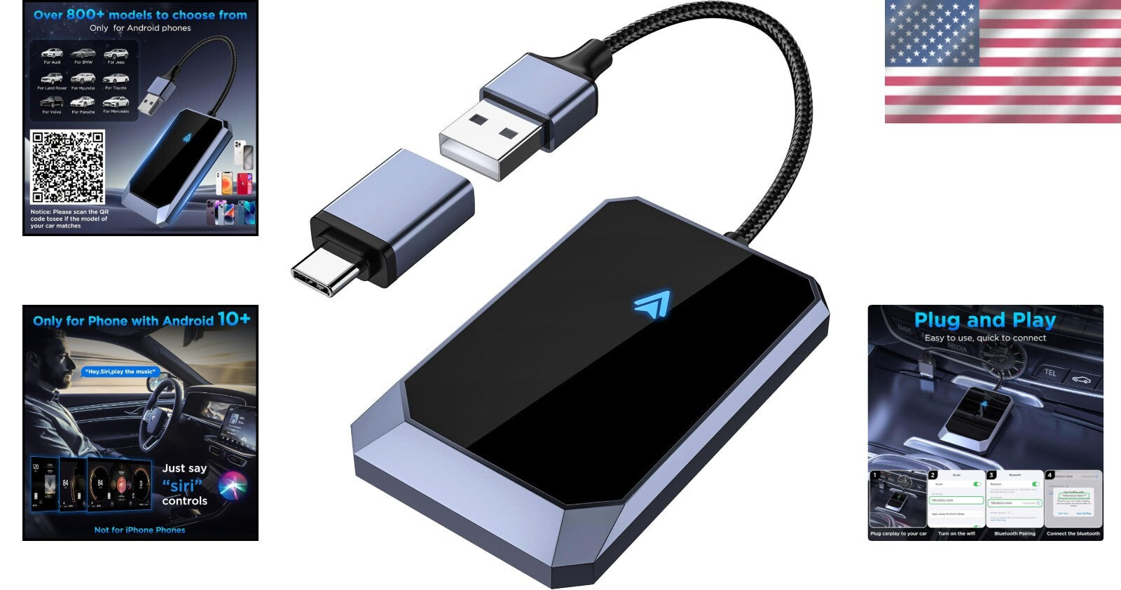 Plug-and-Play Wireless Adapter for Android Auto - Compatible with 800+ Cars