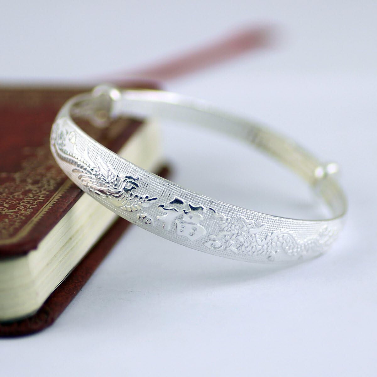 Elegant Women's 999 Silver Bracelet - Adjustable Dragon and Phoenix Charm Bangle