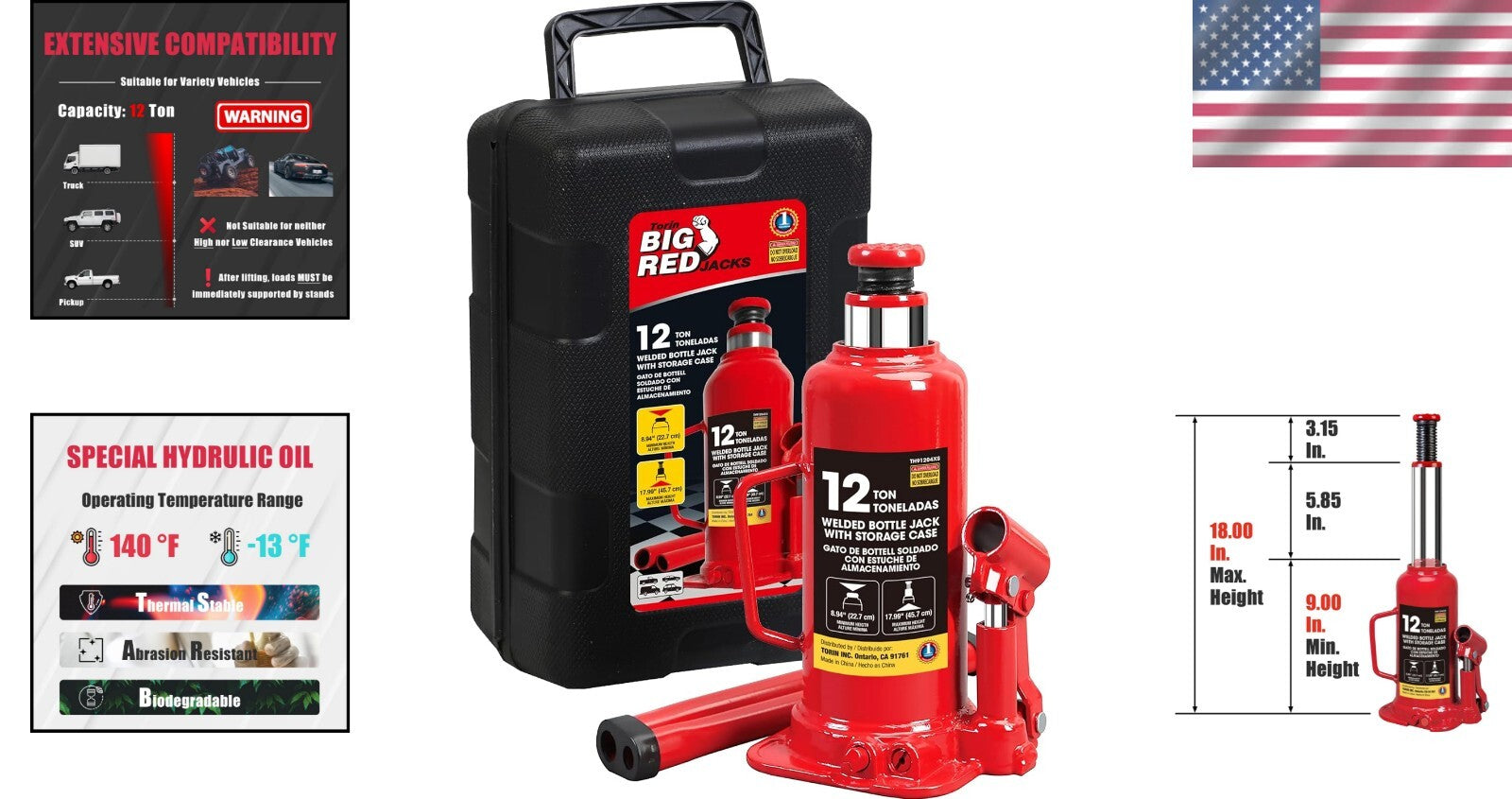 12 Ton Hydraulic Bottle Jack with Carrying Case - Max Lifting Height 18 Inches