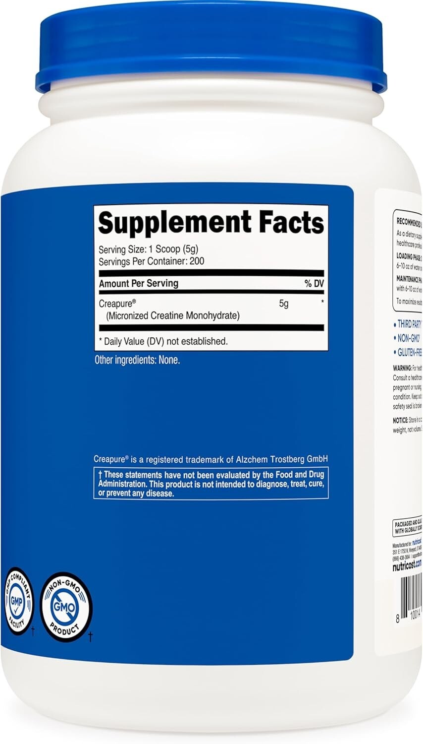 200 Servings of Unflavored Creapure Creatine Monohydrate Powder, 1KG Bottle