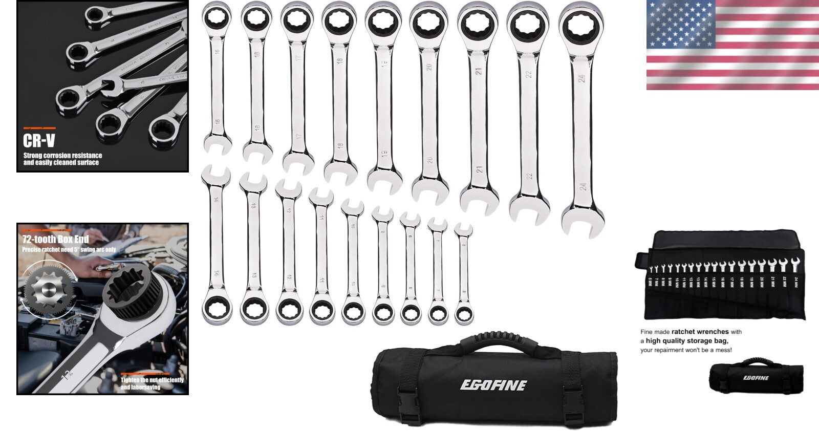 Durable 18pc Metric Ratcheting Wrench Set with Chrome Vanadium and Roll Up Bag