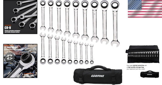 Durable 18pc Metric Ratcheting Wrench Set with Chrome Vanadium and Roll Up Bag