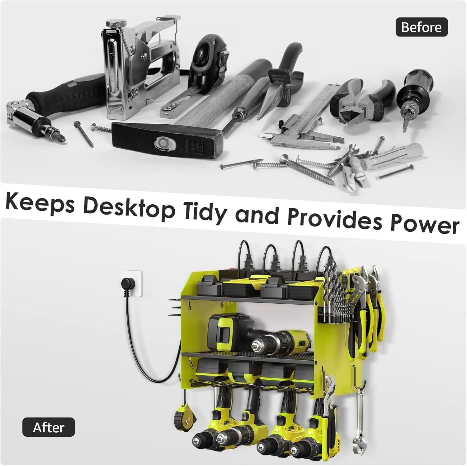 Efficient Power Tool Wall Organizer with 4 Slots, Hooks, and Surge Protection