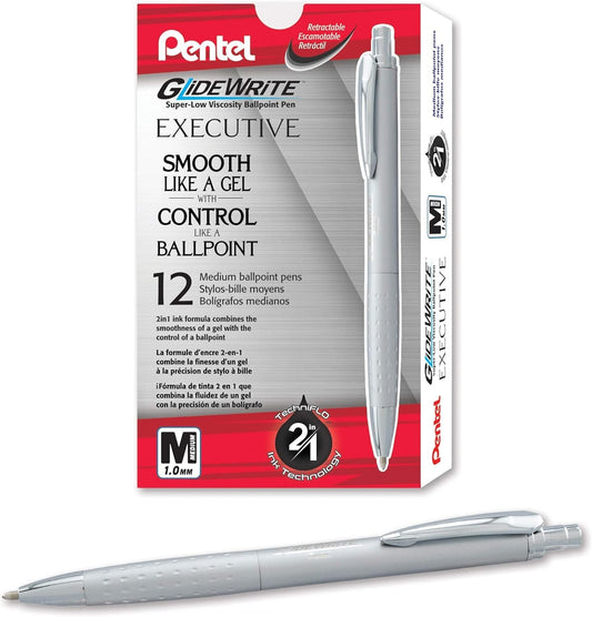 Comfort Grip Ballpoint Pen with TechniFLO Ink - 12 Silver Retractable Pens