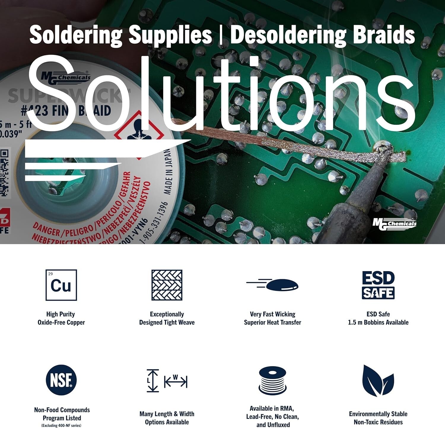 Environmentally Safe Desoldering Braid with RMA Flux - 5' Length, Set of 10