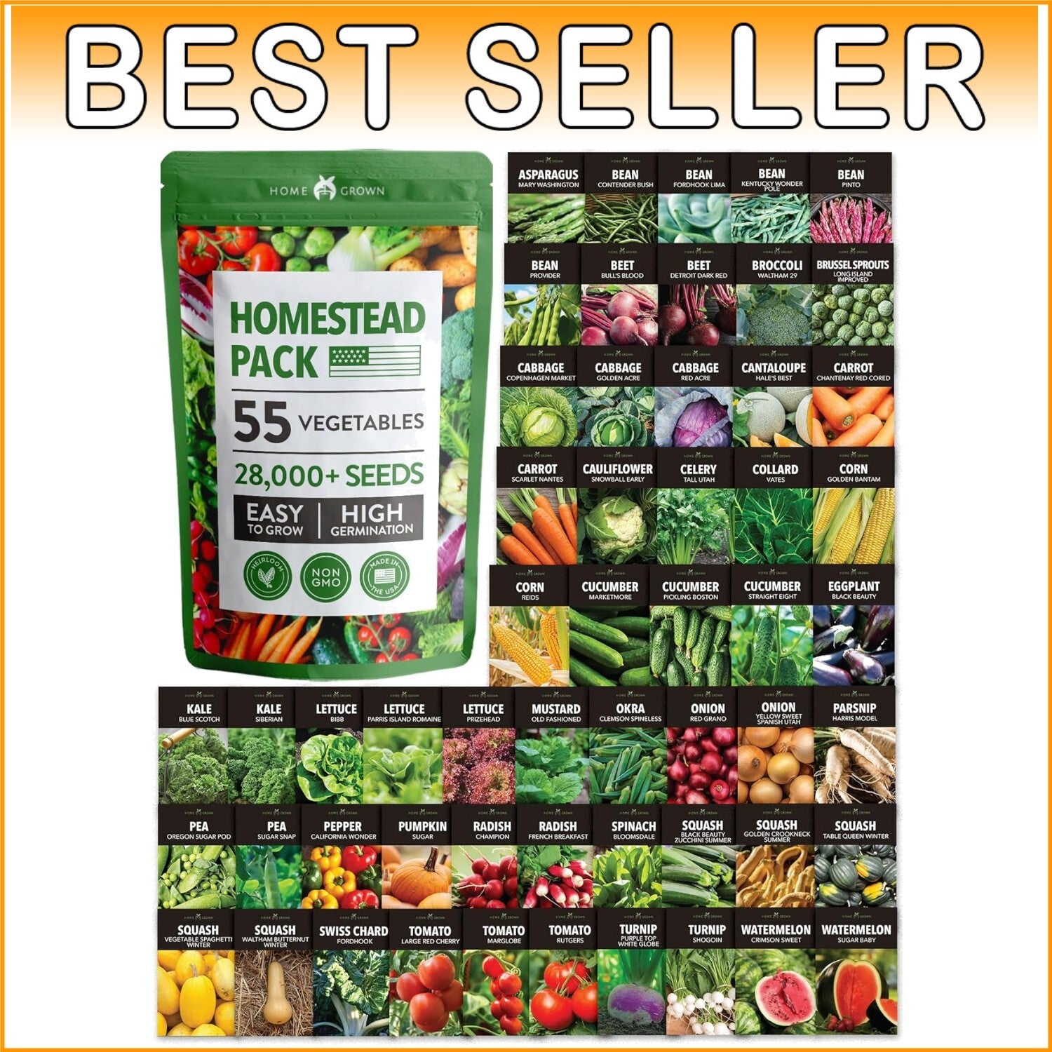 55 Heirloom Vegetable Seeds Pack – Non-GMO Survival Garden Kit for All Seasons