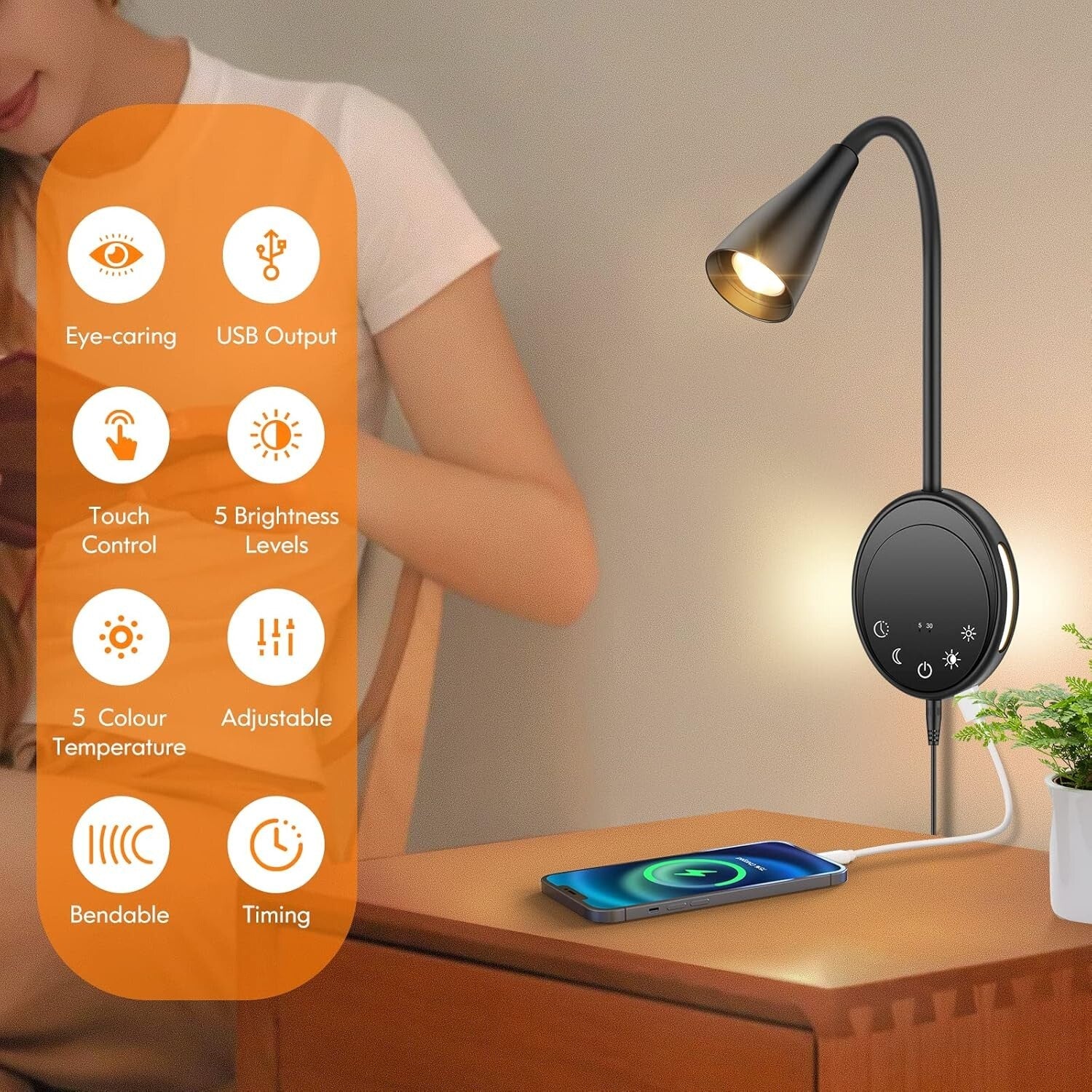 5-Level Dimmable LED Wall Sconce with Flexible Gooseneck & Night Light Feature