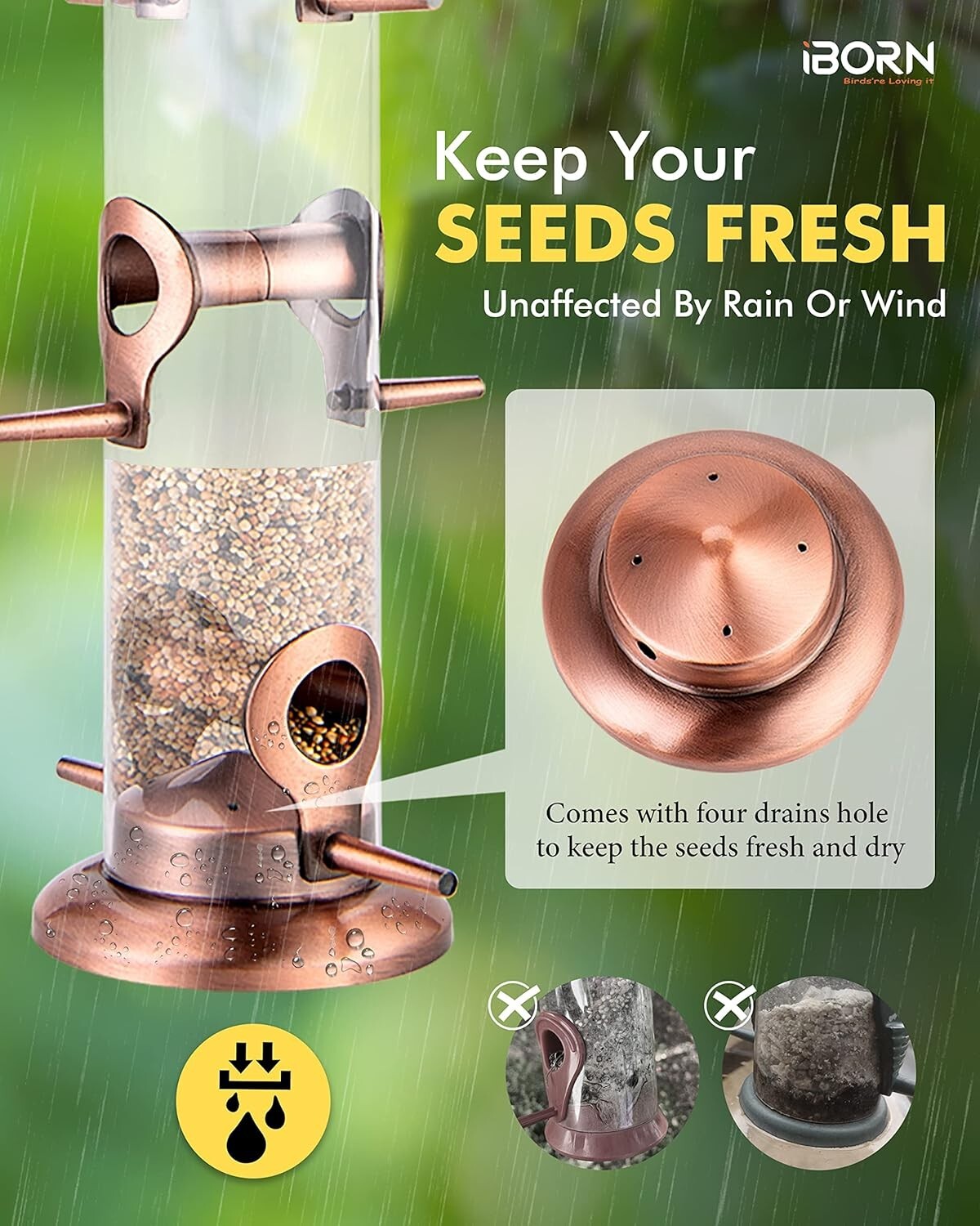 Durable Outdoor Bird Feeders in Brushed Copper with Six Ports - Bird Lover Gift