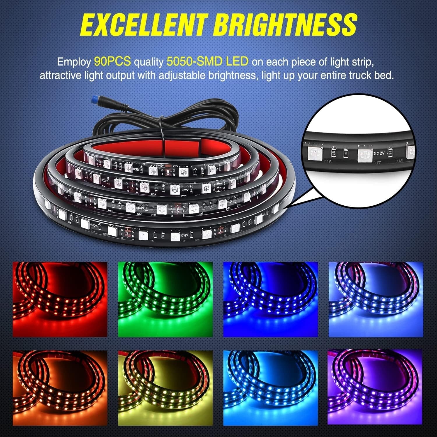 60" RGB LED Truck Bed Light Strip Kit - 3PCS with RF Remote Control & Waterproof