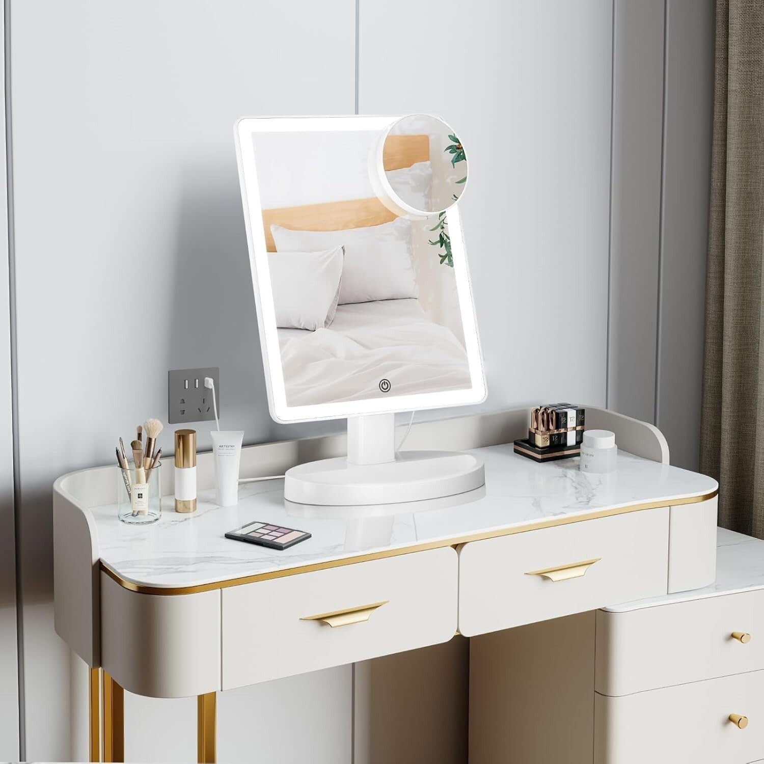 Large Lighted Vanity Makeup Mirror 10X Magnification with 360-Degree Rotation