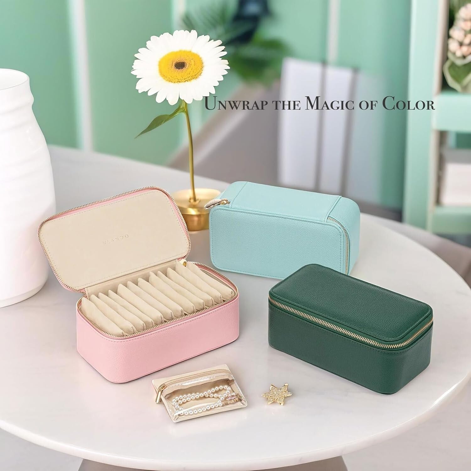 Faux Leather Travel Jewelry Box - 12 Convenient Zipped Pouches for All Jewelry