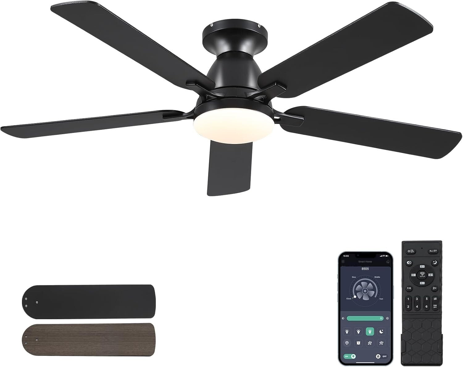 Dimmable 52" Ceiling Fan with Remote & App Control - Black Low Profile Design