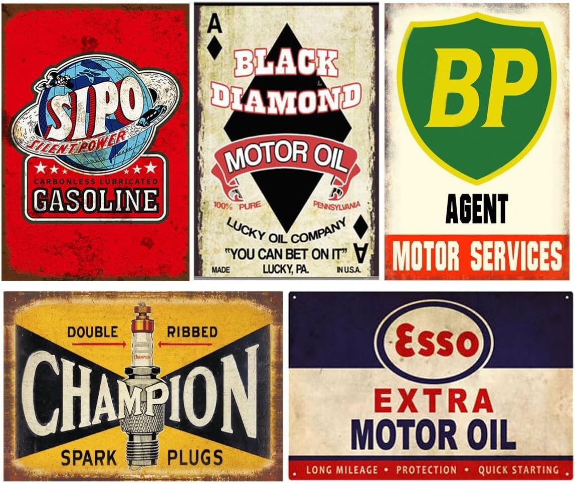 Retro Garage Wall Art Set – 35 Pieces of Antique Metal Signs for Unique Decor