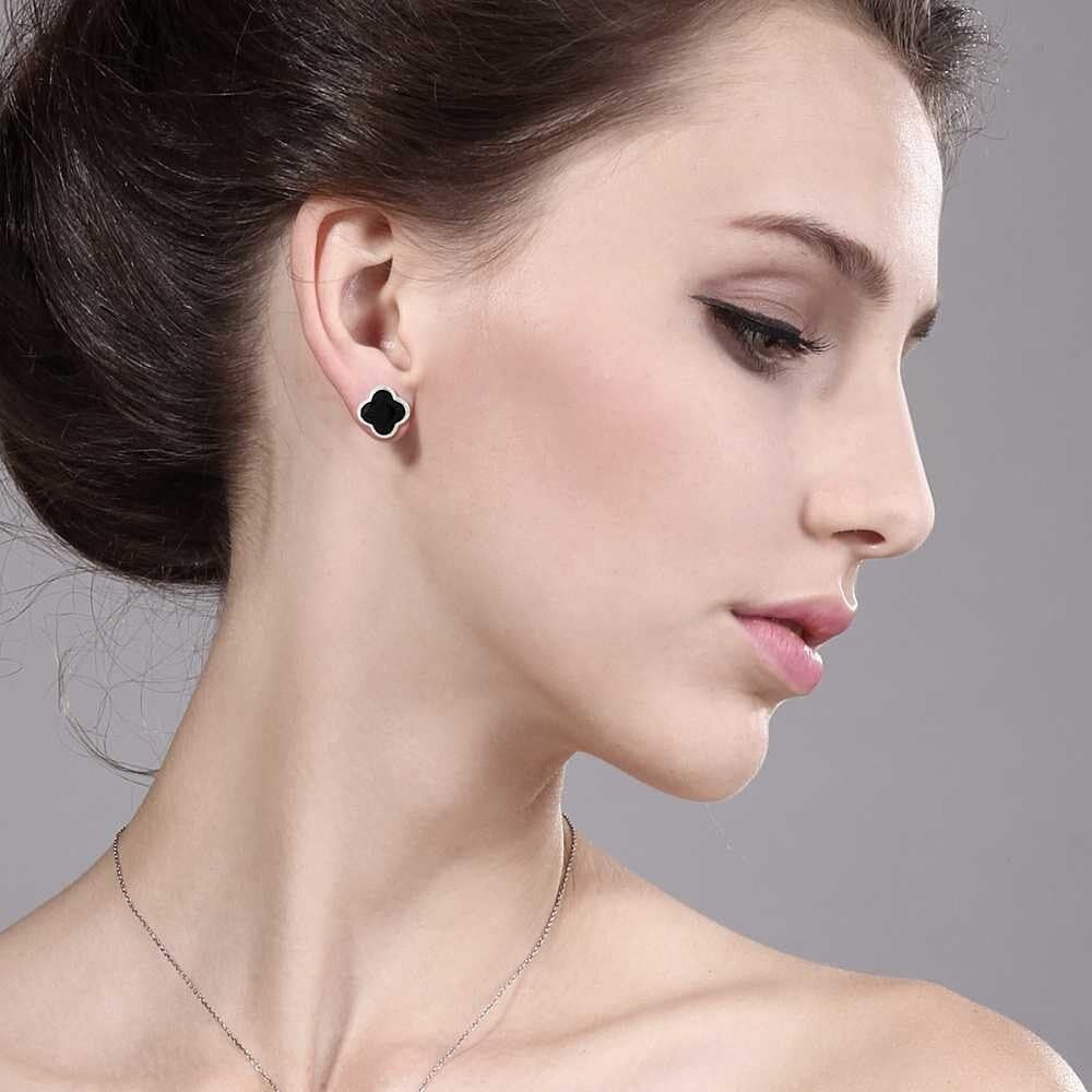 Elegant 18K Gold Plated Sterling Silver Flower Clover Black Onyx Stud Earrings