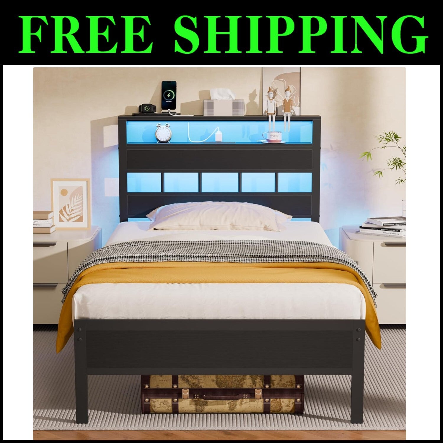 Durable Twin Bed Frame with USB Charging Station & Under-Bed Storage Solutions