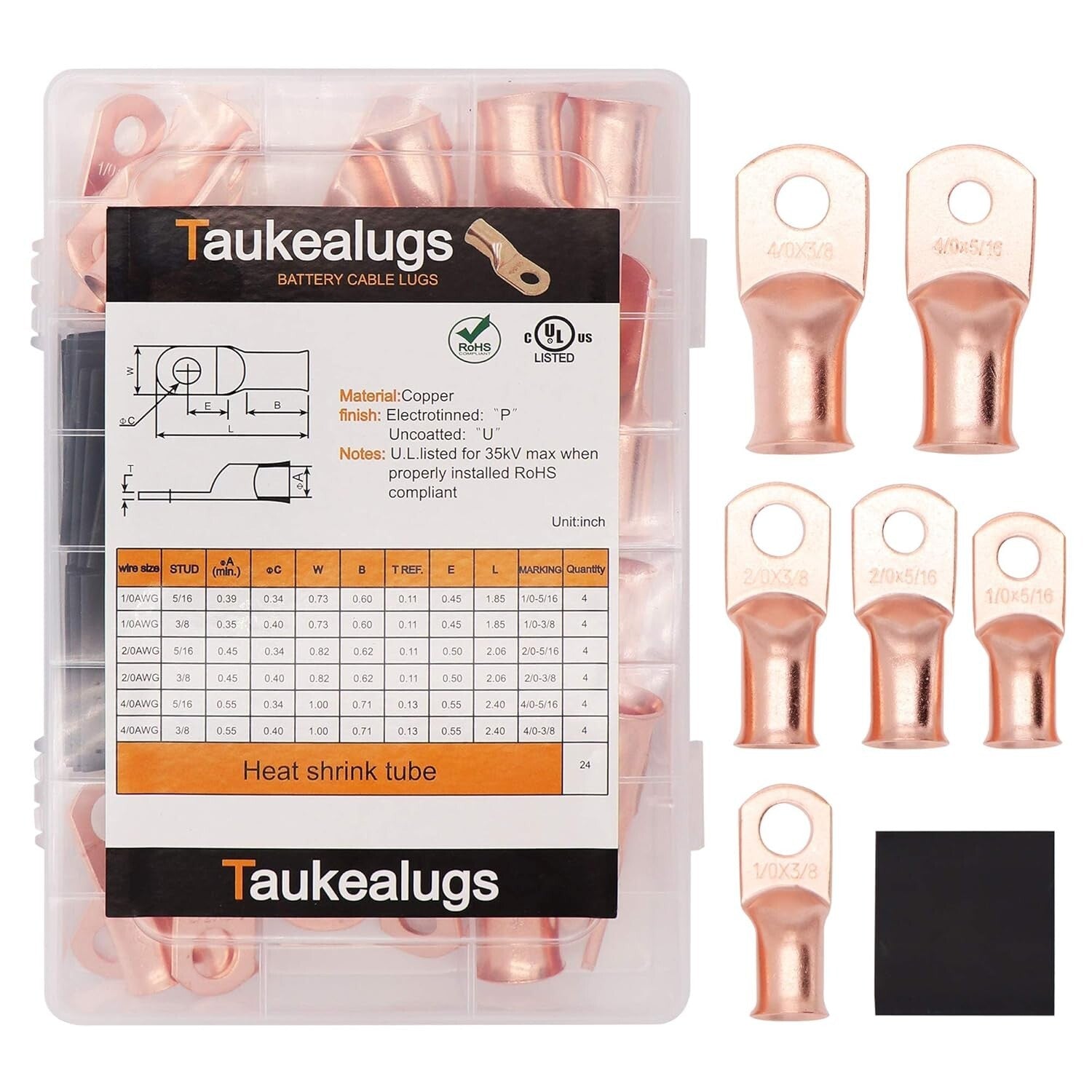 48PCS Copper Wire Lugs Ends Assortment for 1/0 to 4/0 Gauge - UL Certified