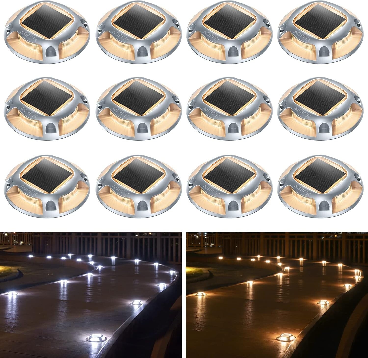 12 Pack Waterproof Solar Deck Lights – Dusk to Dawn Dual Color LED Illumination
