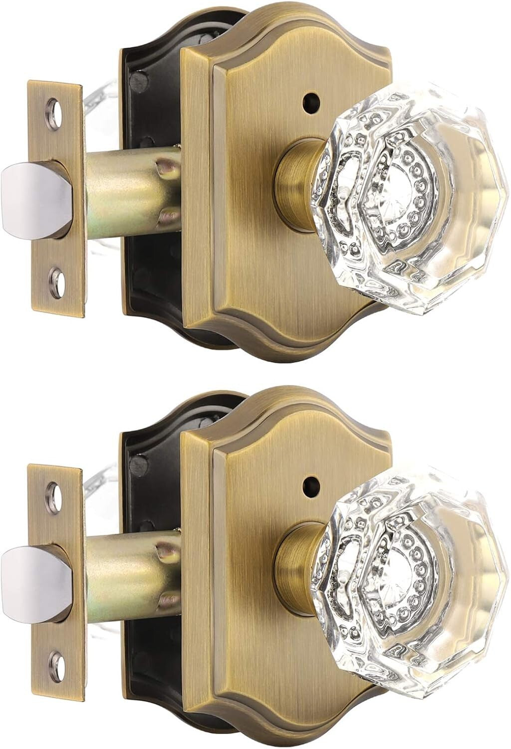 2-Pack Crystal Privacy Door Lock Sets - Antique Brass Knob with Push Button Lock