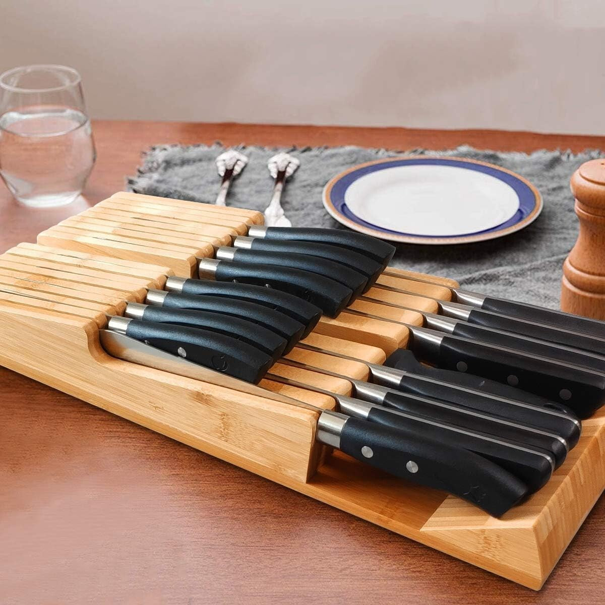 Elegant Bamboo In-Drawer Knife Block Organizer for 16 Knives - Detachable Design