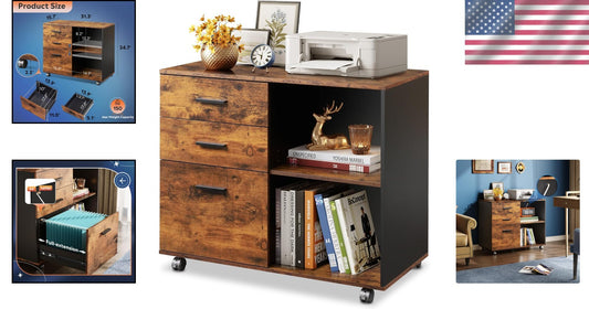 Rustic Brown 3 Drawer Mobile File Cabinet & Printer Stand with Open Shells