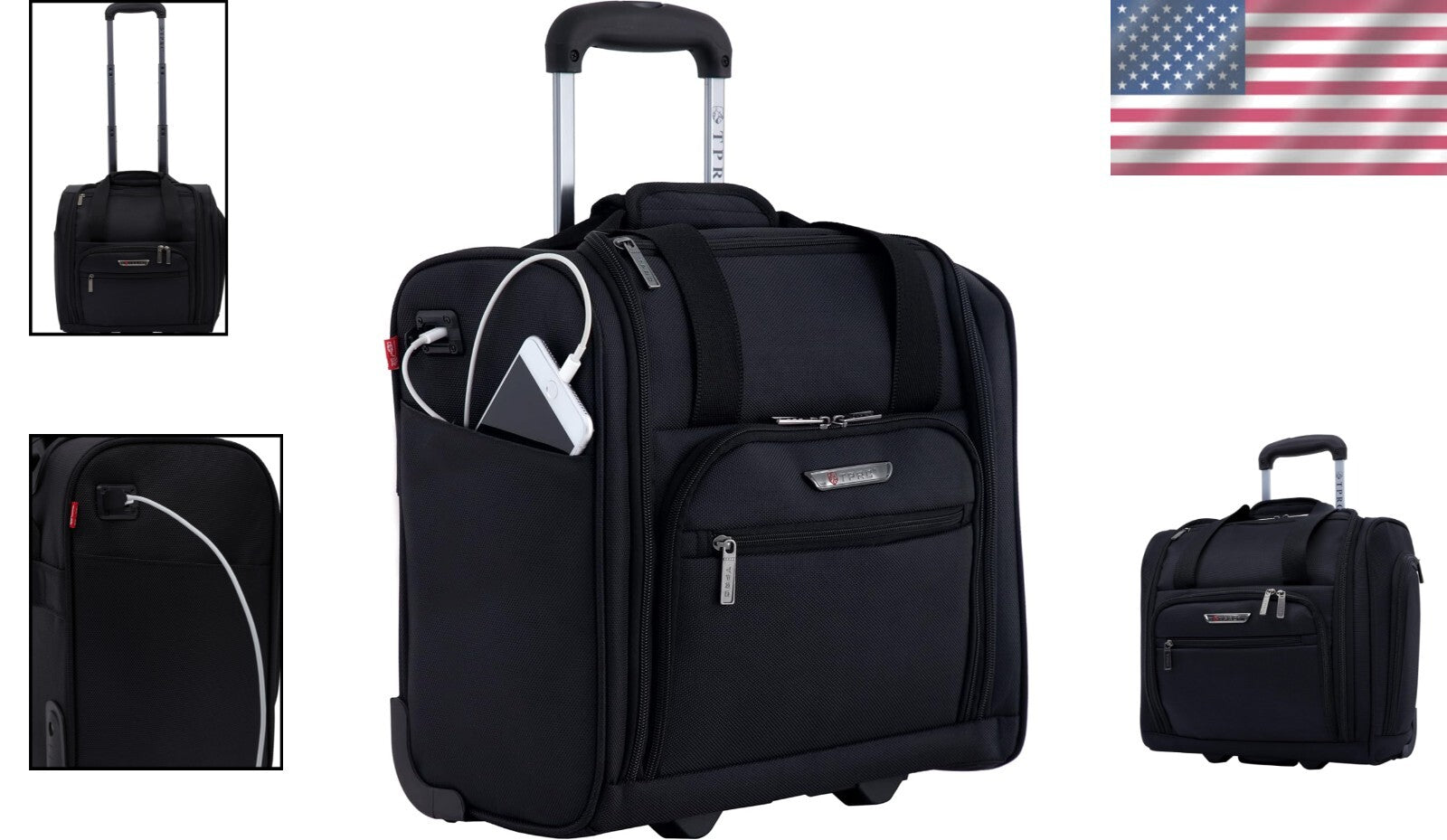 Durable 15-Inch Under Seat Travel Bag with USB Charger - Versatile Black Luggage